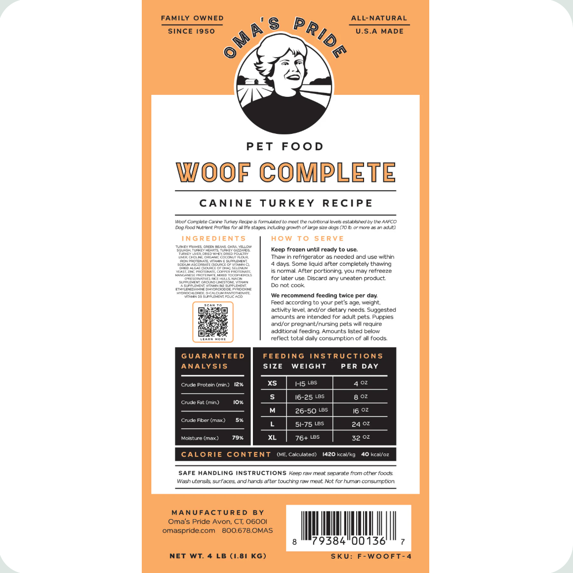 Oma's Pride | Woof Complete Frozen Dog Recipes |Turkey | 1 Lb