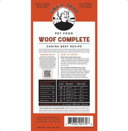 Oma's Pride | Woof Complete Frozen Dog Recipes | Beef | 1 Lb