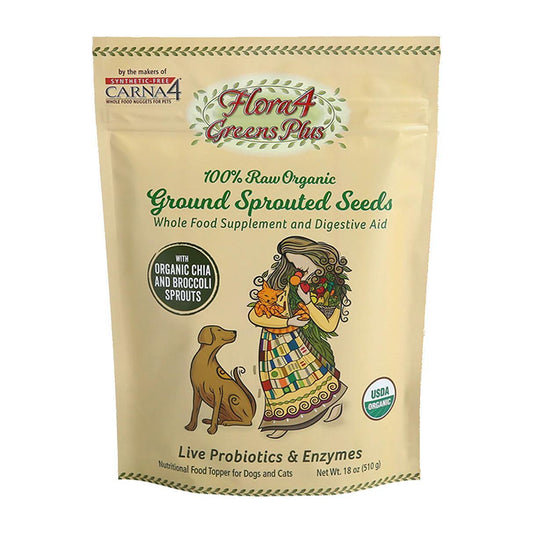 Carna4 | Flora4 Ground Sprouted Seeds Food Topper for Dogs & Cats | Greens Plus | 18 oz